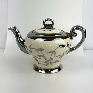 Vintage Hand Painted Old Silver Luster Teapot Cream Color Leaf Pattern 6.5"